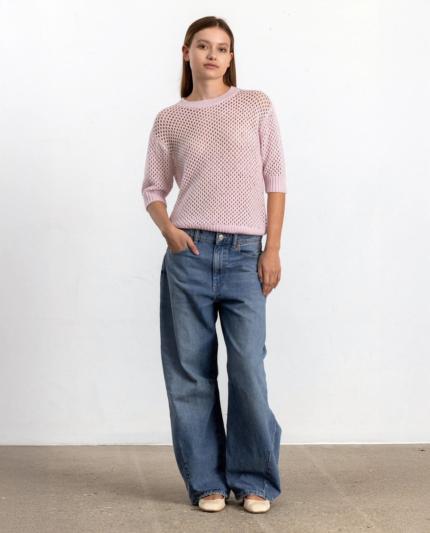 252-17691-60_2 - Allude - 30% Cashmere 70% Wolle Damen Grobstrick Halbarm Kastiger Schnitt Pullover Rose Rundhals SAPG::252-17691 Spring/Summer 2025 Woll-Mischung