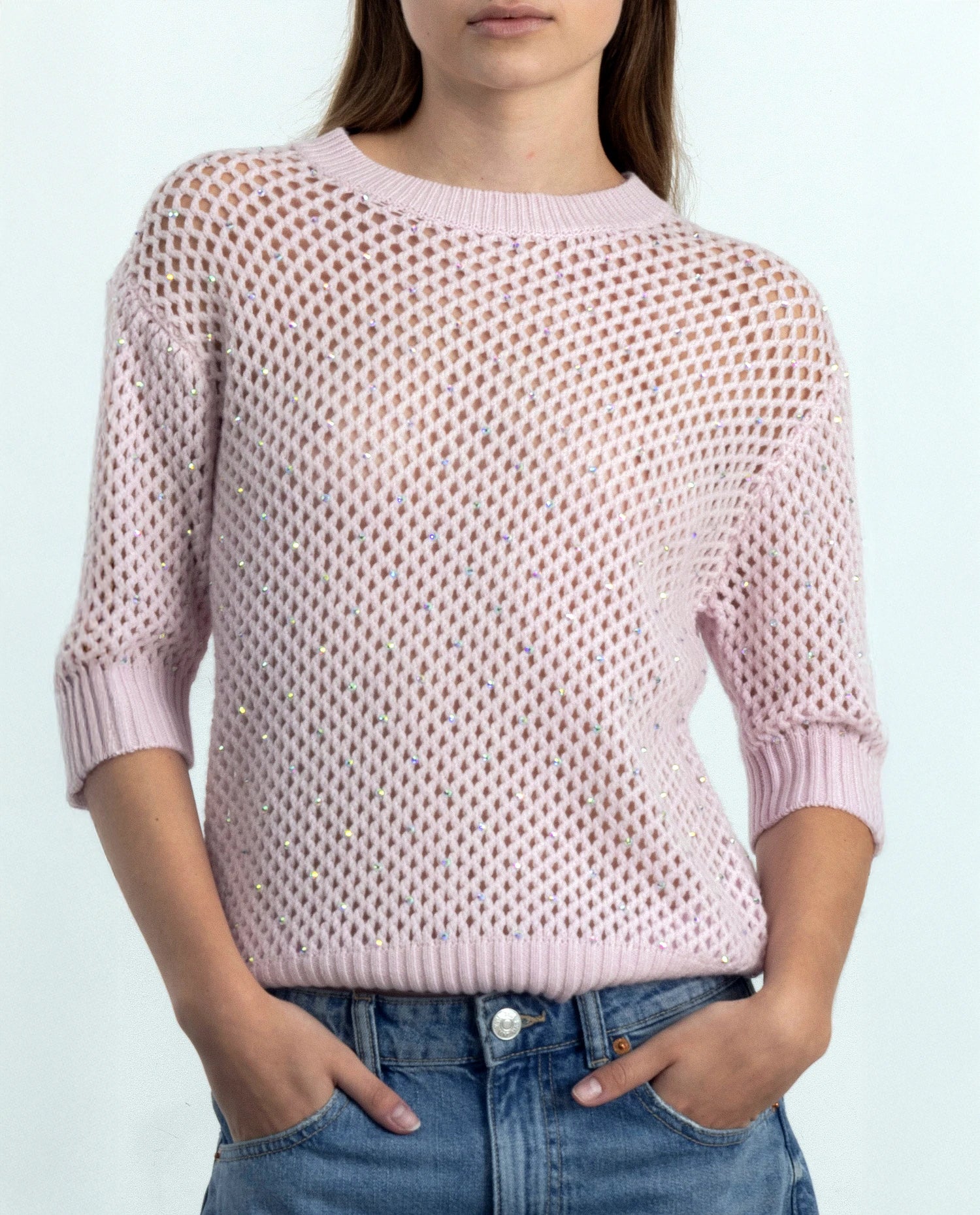 252-17691-60_20 - Allude - 30% Cashmere 70% Wolle Damen Grobstrick Halbarm Kastiger Schnitt Pullover Rose Rundhals SAPG::252-17691 Spring/Summer 2025 Woll-Mischung