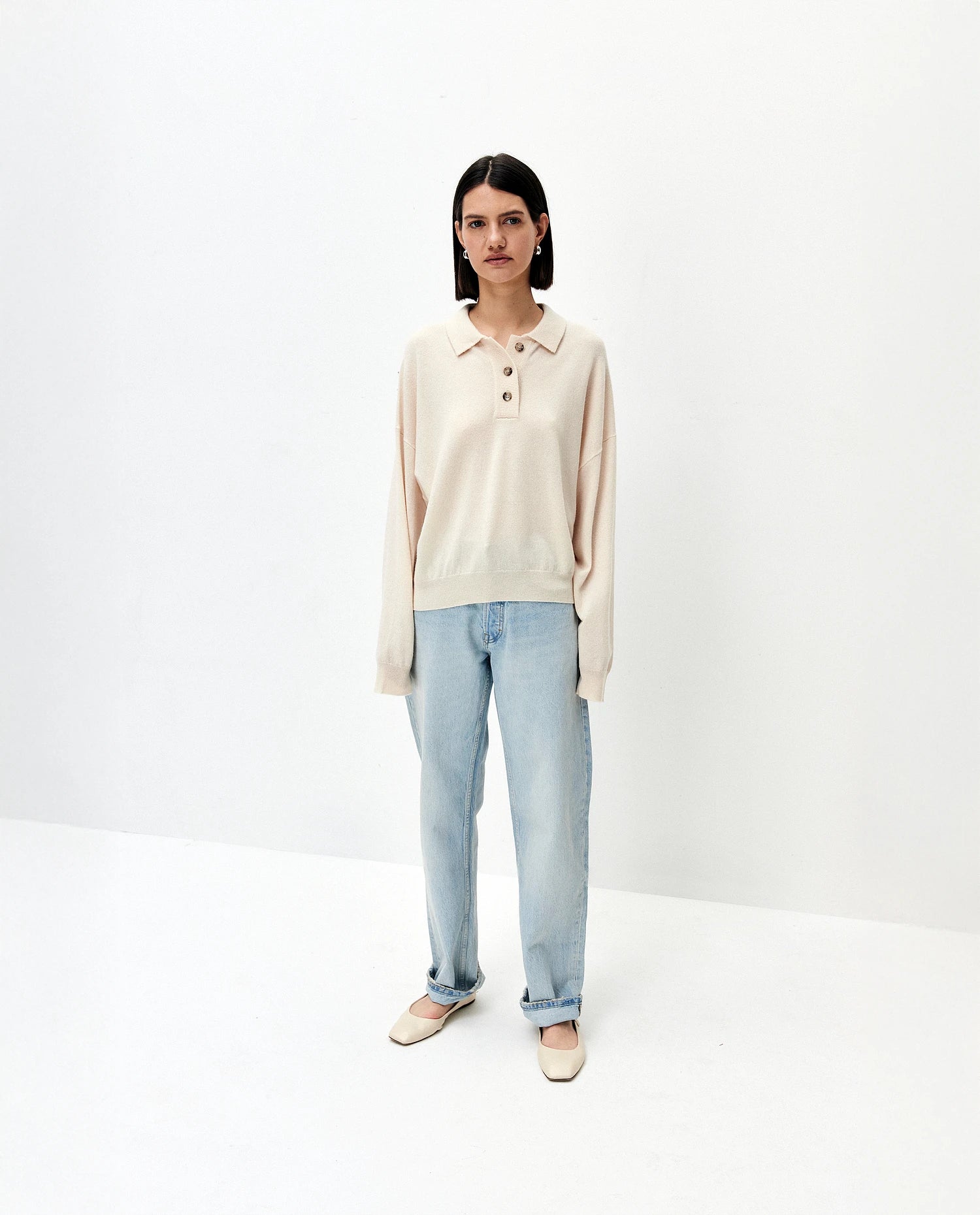 252-17743-41_1 - Allude - 30% Cashmere 70% Wolle Creme Damen Feinstrick Kastiger Schnitt Langarm NEW Polo Pullover SAPG::252-17743 Spring/Summer 2025 Woll-Mischung