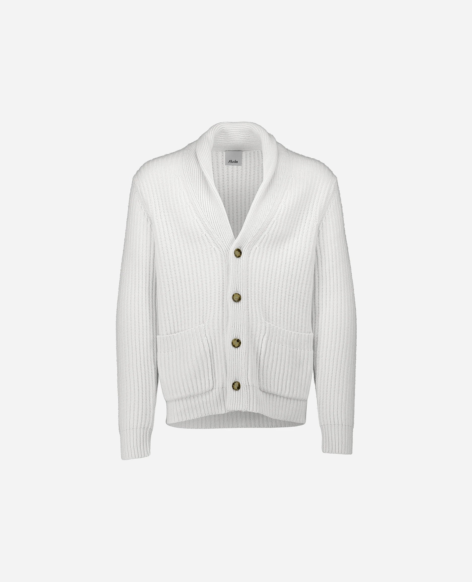 252-37600-40_3 - Allude - 30% Cashmere 70% Wolle Active Gerade Passform Grobstrick Herren Langarm NEW SAPG::252-37600 Schalkragen Spring/Summer 2025 Strickjacke Weiß Woll-Mischung