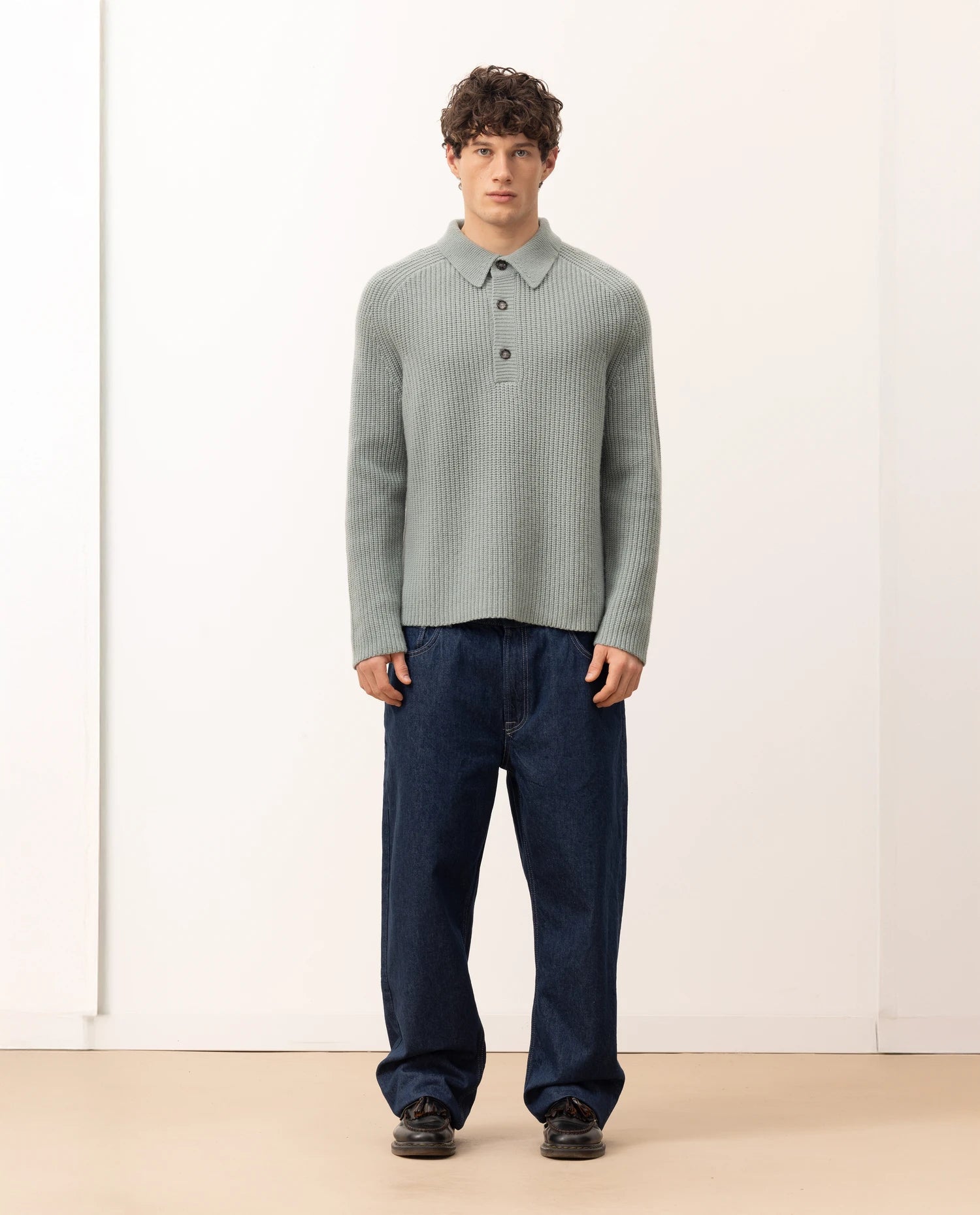 255-37041-31_2 - Allude - 30% Cashmere 70% Wolle Active Fall/Winter 2025/2026 Grobstrick Grün Halber Patentstrick Herren Lockerer Schnitt NEW Polo Pullover SAPG::255-37041