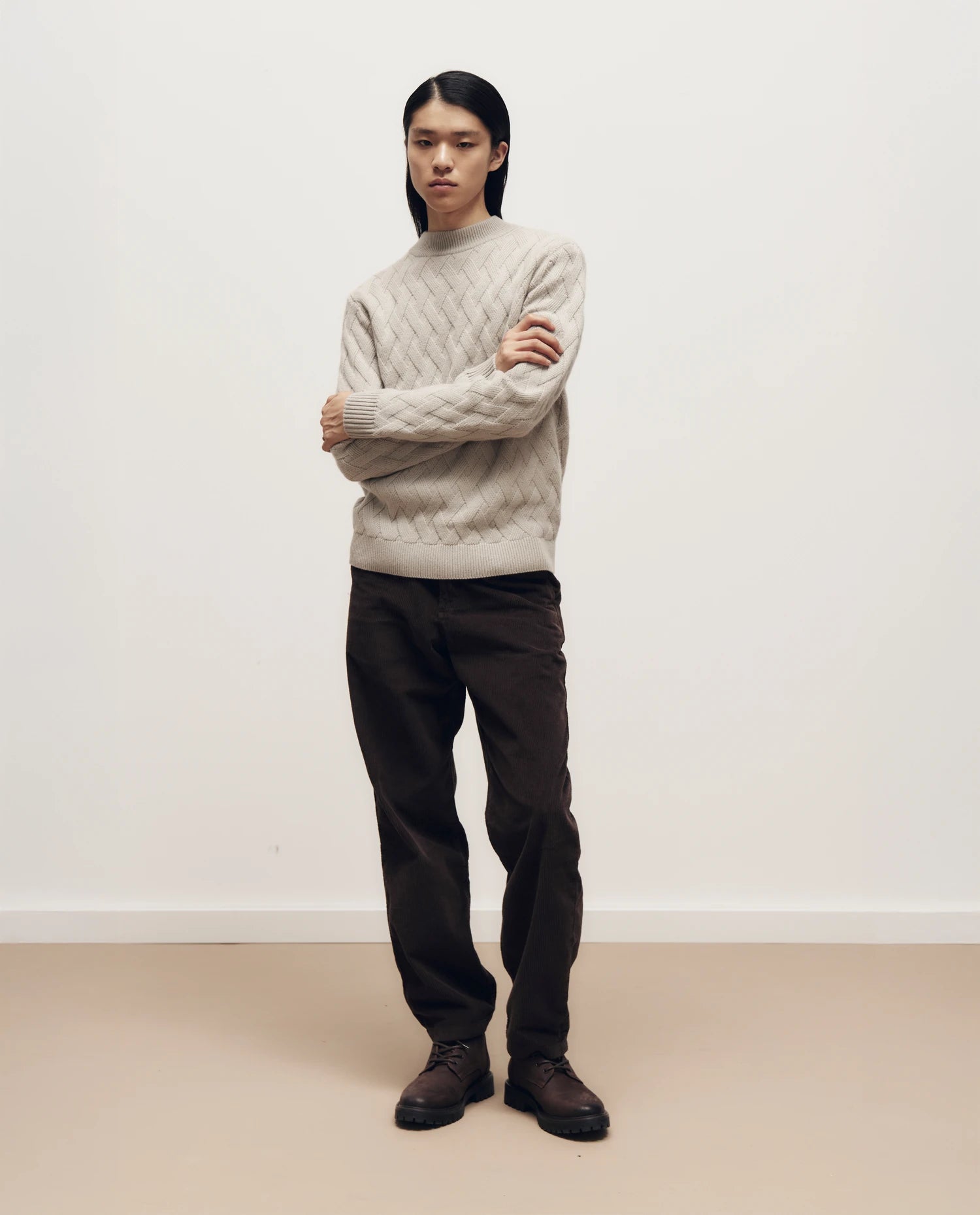 255-37630-82_1 - Allude - 30% Cashmere 70% Wolle Active Fall/Winter 2025/2026 Gerade Passform Grau Herren mittelschwerer Strick NEW Pullover Rauten-Strickmuster SAPG::255-37630 Stehkragen